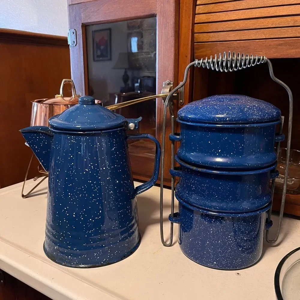 Vintage Blue Speckled Enamel Coffee Pot.